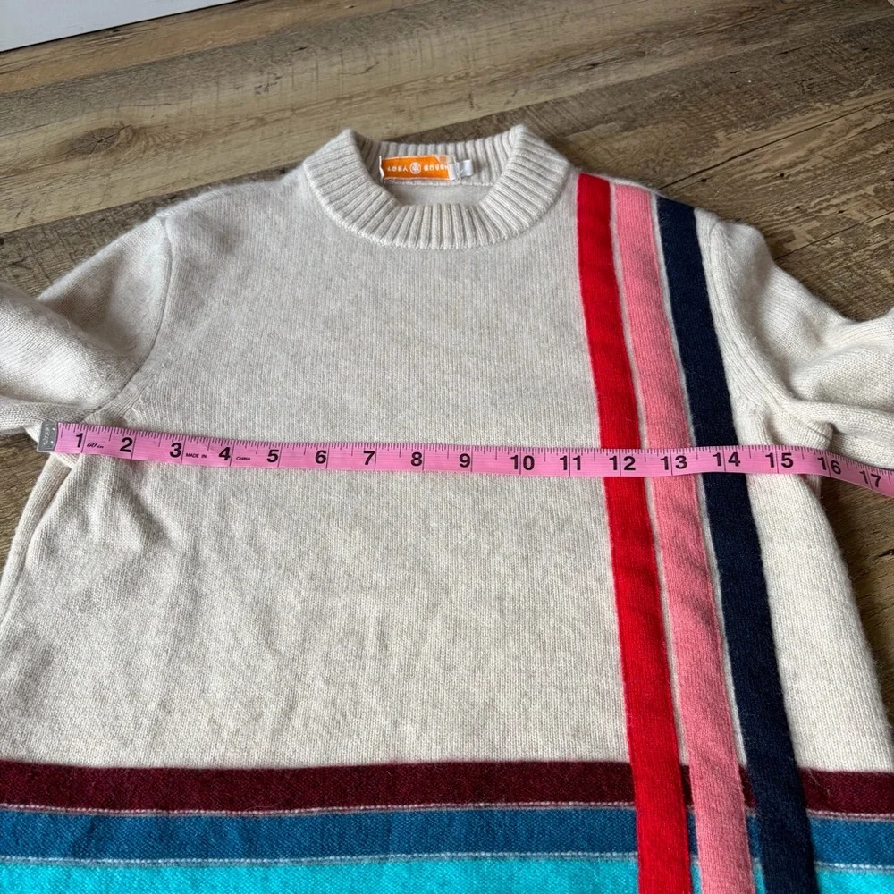 Tory Burch Oatmeal Rainbow Stripe Cashmere Crewneck Sweater